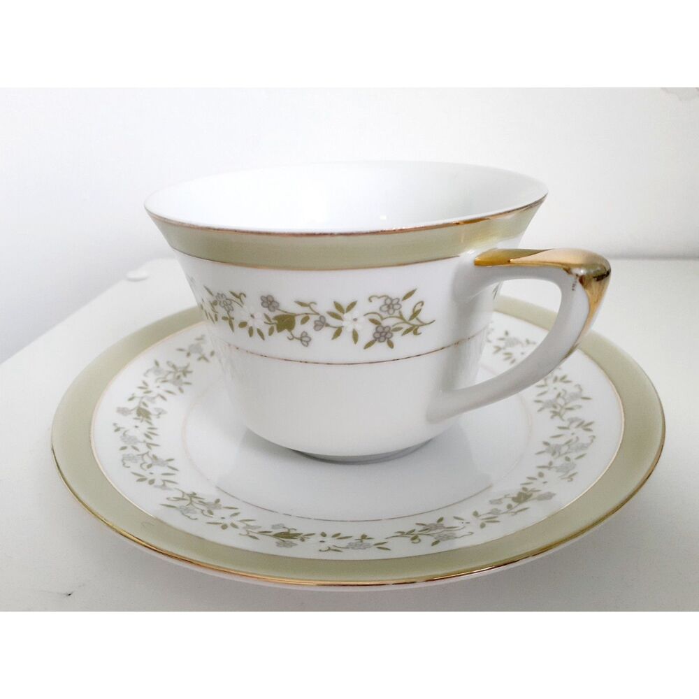 LINDEN FineChina Japan ALICIA NM2009 Spring Meadow Gold Trim Teacup & Saucer Set